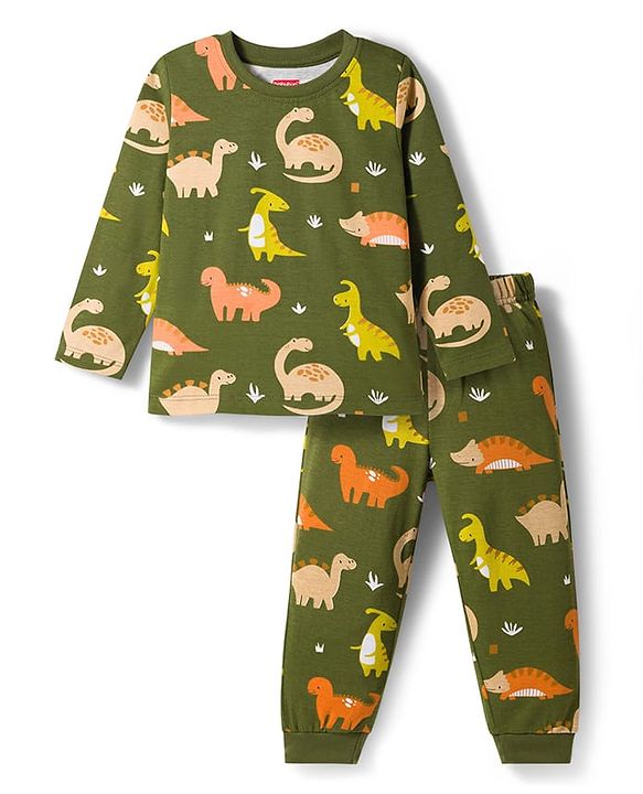 Babyhug Cotton Knit Full Sleeves Co-Ord Night Suit with Animal Print - Dark Green