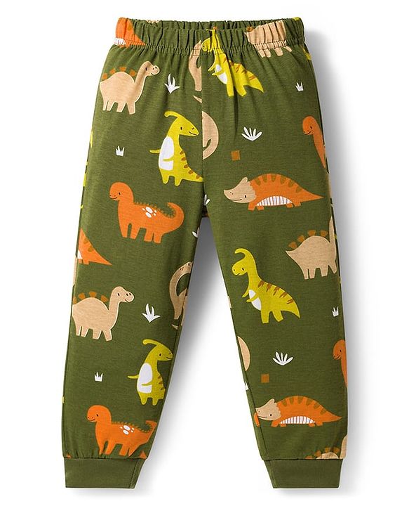 Babyhug Cotton Knit Full Sleeves Co-Ord Night Suit with Animal Print - Dark Green