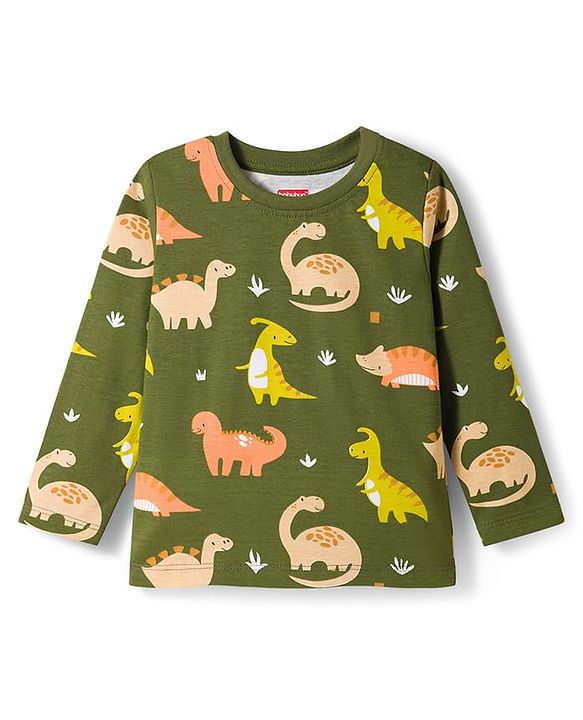 Babyhug Cotton Knit Full Sleeves Co-Ord Night Suit with Animal Print - Dark Green