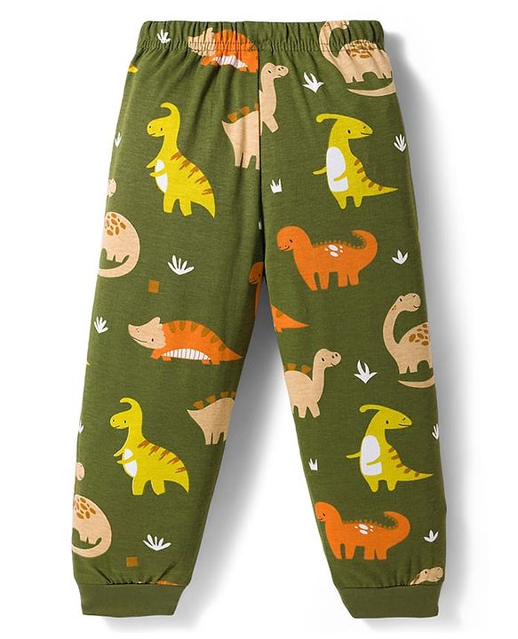 Babyhug Cotton Knit Full Sleeves Co-Ord Night Suit with Animal Print - Dark Green