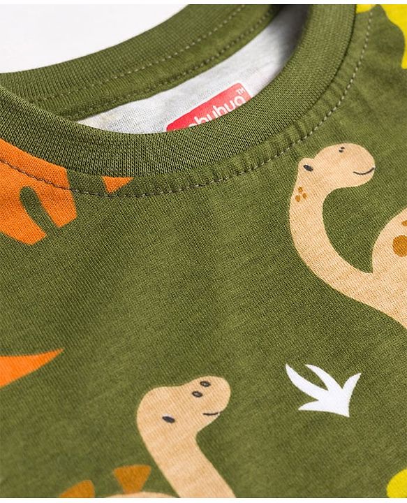 Babyhug Cotton Knit Full Sleeves Co-Ord Night Suit with Animal Print - Dark Green