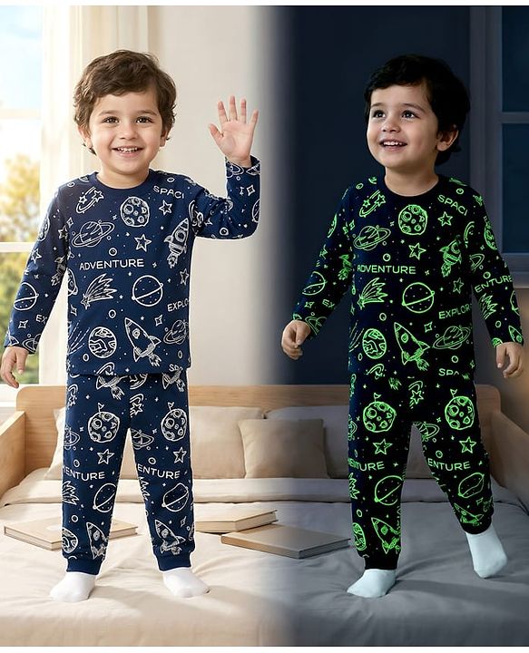 Babyhug Cotton Knit Full Sleeves Co-ords T-Shirt Style & Lounge Pant Night Suit With Space Theme Print - Navy Blue