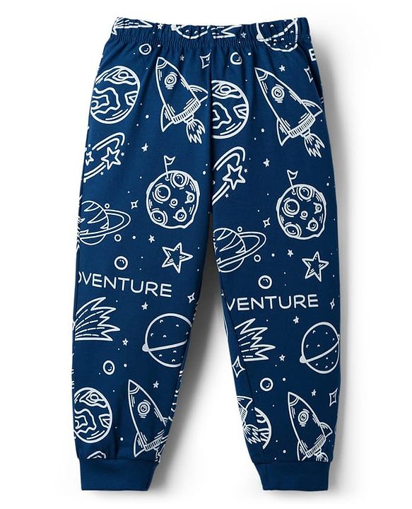 Babyhug Cotton Knit Full Sleeves Co-ords T-Shirt Style & Lounge Pant Night Suit With Space Theme Print - Navy Blue