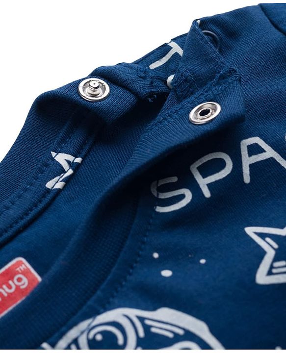 Babyhug Cotton Knit Full Sleeves Co-ords T-Shirt Style & Lounge Pant Night Suit With Space Theme Print - Navy Blue