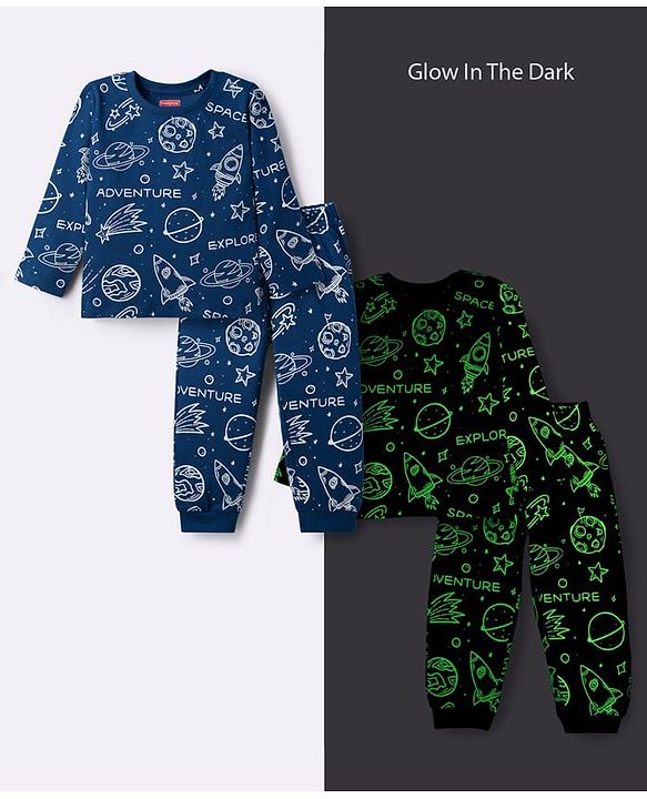 Babyhug Cotton Knit Full Sleeves Co-ords T-Shirt Style & Lounge Pant Night Suit With Space Theme Print - Navy Blue