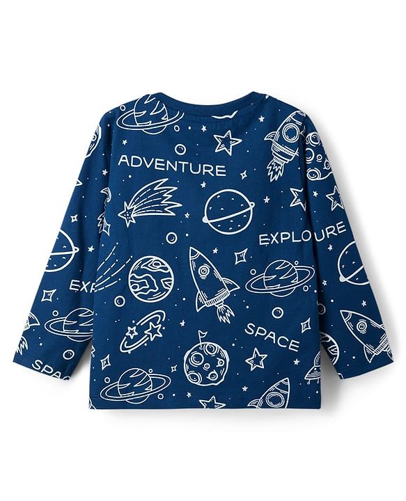 Babyhug Cotton Knit Full Sleeves Co-ords T-Shirt Style & Lounge Pant Night Suit With Space Theme Print - Navy Blue