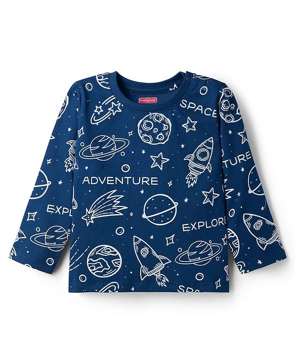 Babyhug Cotton Knit Full Sleeves Co-ords T-Shirt Style & Lounge Pant Night Suit With Space Theme Print - Navy Blue