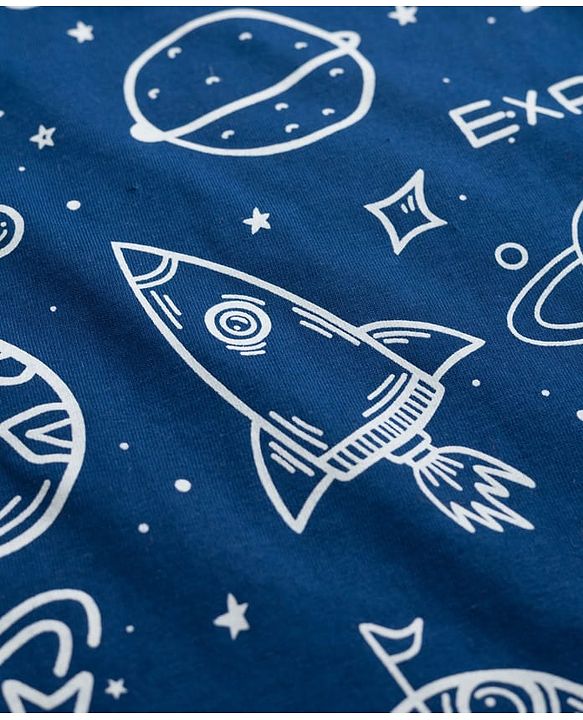 Babyhug Cotton Knit Full Sleeves Co-ords T-Shirt Style & Lounge Pant Night Suit With Space Theme Print - Navy Blue