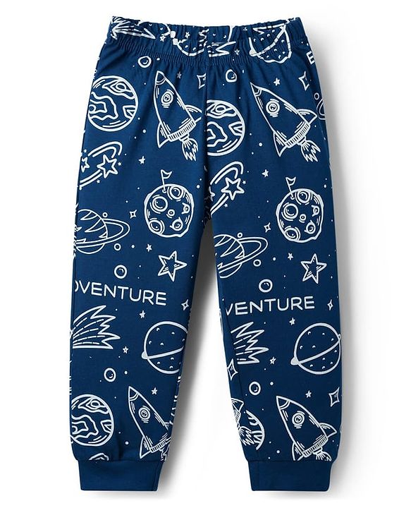 Babyhug Cotton Knit Full Sleeves Co-ords T-Shirt Style & Lounge Pant Night Suit With Space Theme Print - Navy Blue