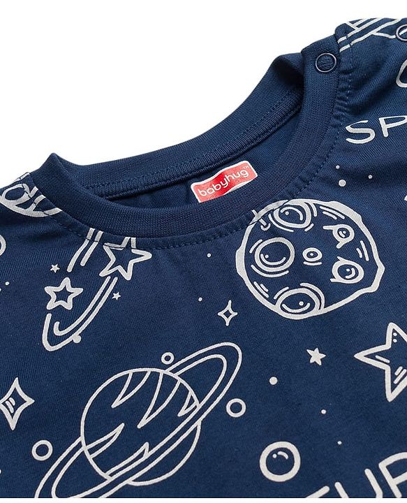 Babyhug Cotton Knit Full Sleeves Co-ords T-Shirt Style & Lounge Pant Night Suit With Space Theme Print - Navy Blue