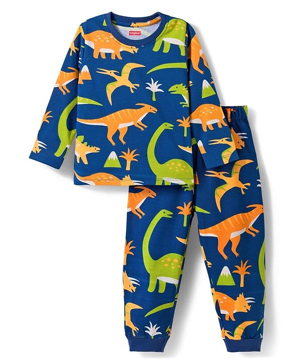 Babyhug Cotton Knit Full Sleeves Co-ords Night Suit With Dino Print - Navy Blue