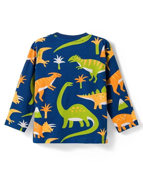 Babyhug Cotton Knit Full Sleeves Co-ords Night Suit With Dino Print - Navy Blue