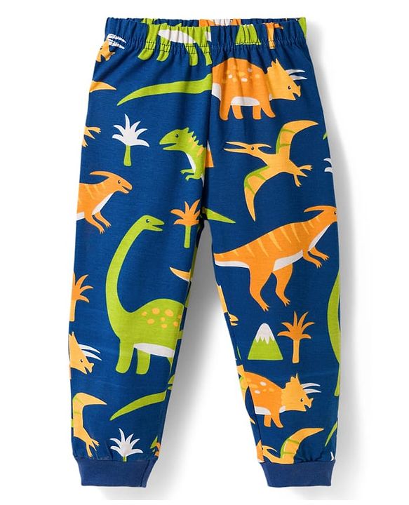 Babyhug Cotton Knit Full Sleeves Co-ords Night Suit With Dino Print - Navy Blue