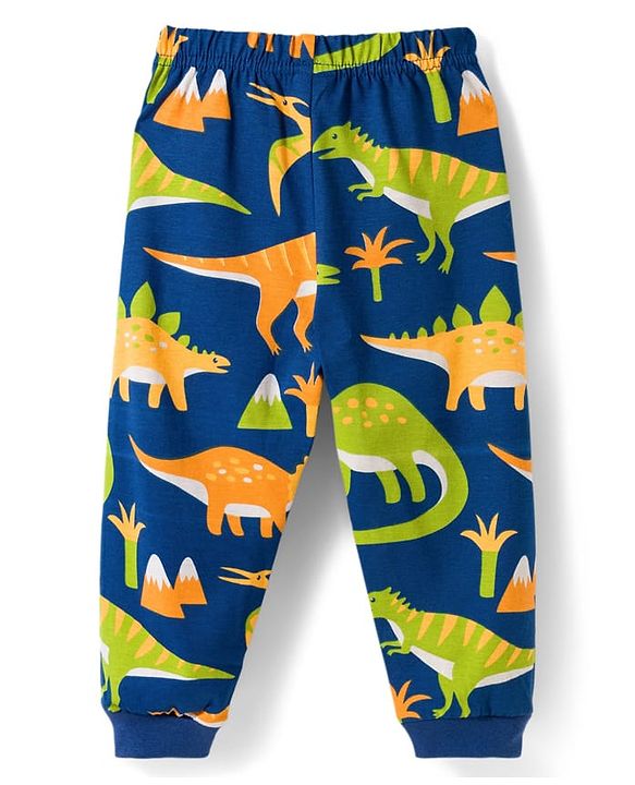 Babyhug Cotton Knit Full Sleeves Co-ords Night Suit With Dino Print - Navy Blue