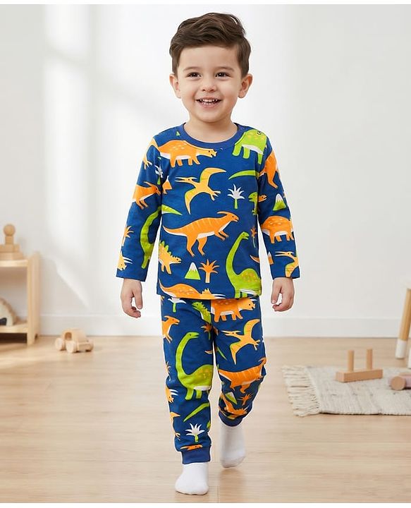 Babyhug Cotton Knit Full Sleeves Co-ords Night Suit With Dino Print - Navy Blue