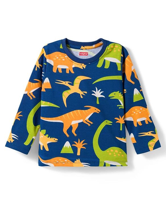 Babyhug Cotton Knit Full Sleeves Co-ords Night Suit With Dino Print - Navy Blue