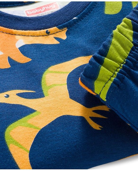 Babyhug Cotton Knit Full Sleeves Co-ords Night Suit With Dino Print - Navy Blue