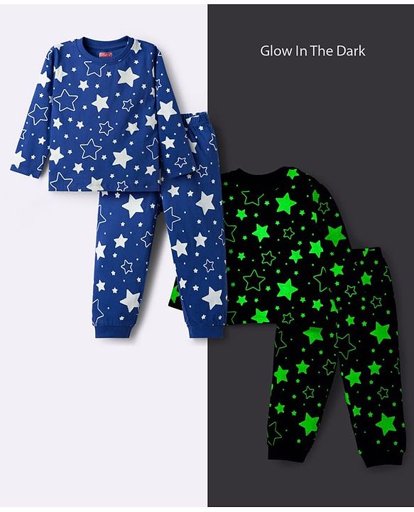 Babyhug Cotton Knit Full Sleeves Co-ords T-Shirt & Pajama Night Suit with Star Print - Navy Blue