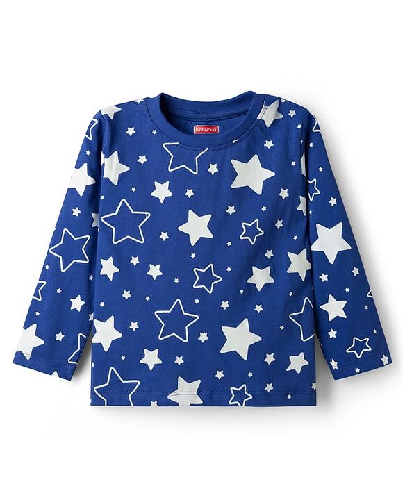 Babyhug Cotton Knit Full Sleeves Co-ords T-Shirt & Pajama Night Suit with Star Print - Navy Blue
