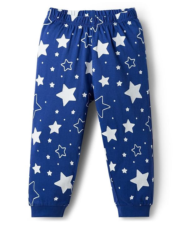 Babyhug Cotton Knit Full Sleeves Co-ords T-Shirt & Pajama Night Suit with Star Print - Navy Blue