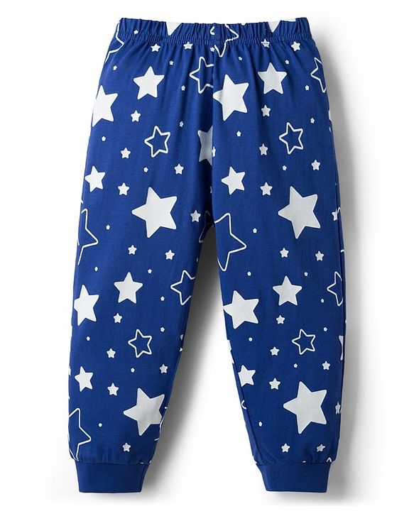 Babyhug Cotton Knit Full Sleeves Co-ords T-Shirt & Pajama Night Suit with Star Print - Navy Blue
