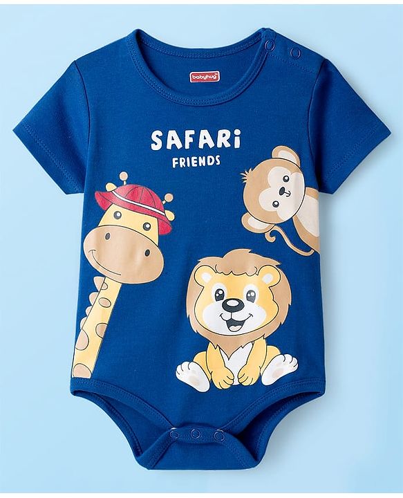 Babyhug 100% Cotton Knit Half Sleeves Striped & Animal Printed Onesies Pack of 3 - Navy Blue Yellow & White