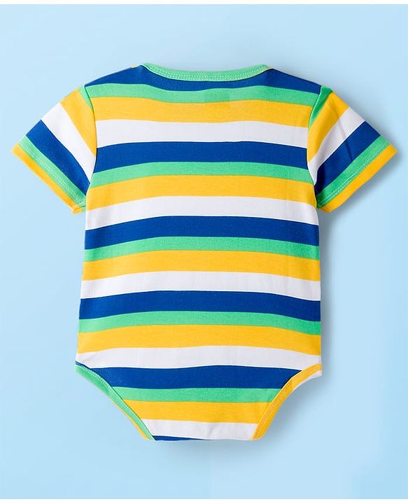 Babyhug 100% Cotton Knit Half Sleeves Striped & Animal Printed Onesies Pack of 3 - Navy Blue Yellow & White