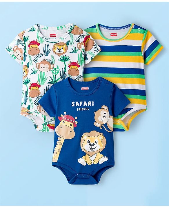 Babyhug 100% Cotton Knit Half Sleeves Striped & Animal Printed Onesies Pack of 3 - Navy Blue Yellow & White