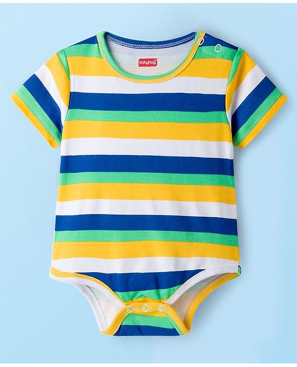 Babyhug 100% Cotton Knit Half Sleeves Striped & Animal Printed Onesies Pack of 3 - Navy Blue Yellow & White