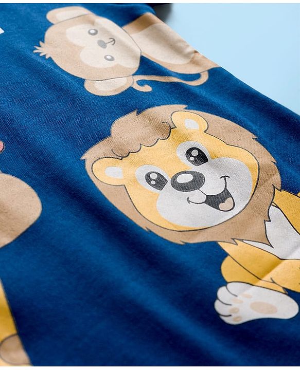 Babyhug 100% Cotton Knit Half Sleeves Striped & Animal Printed Onesies Pack of 3 - Navy Blue Yellow & White