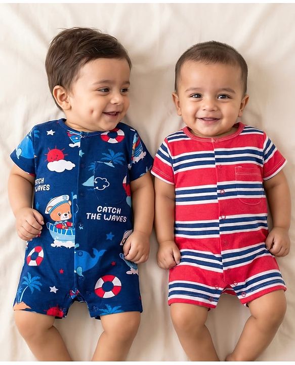 Babyhug 100% Cotton Interlock Knit Romper With Animal Print Pack Of 2 - Red & Blue