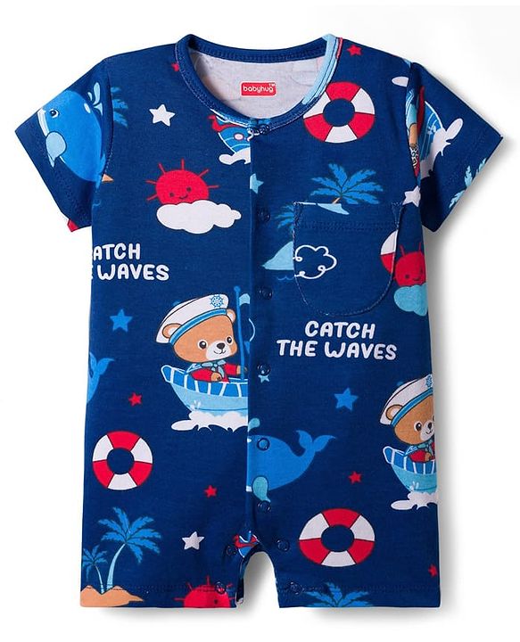 Babyhug 100% Cotton Interlock Knit Romper With Animal Print Pack Of 2 - Red & Blue