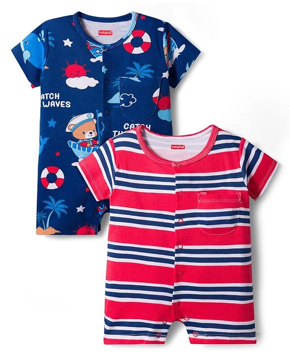 Babyhug 100% Cotton Interlock Knit Romper With Animal Print Pack Of 2 - Red & Blue
