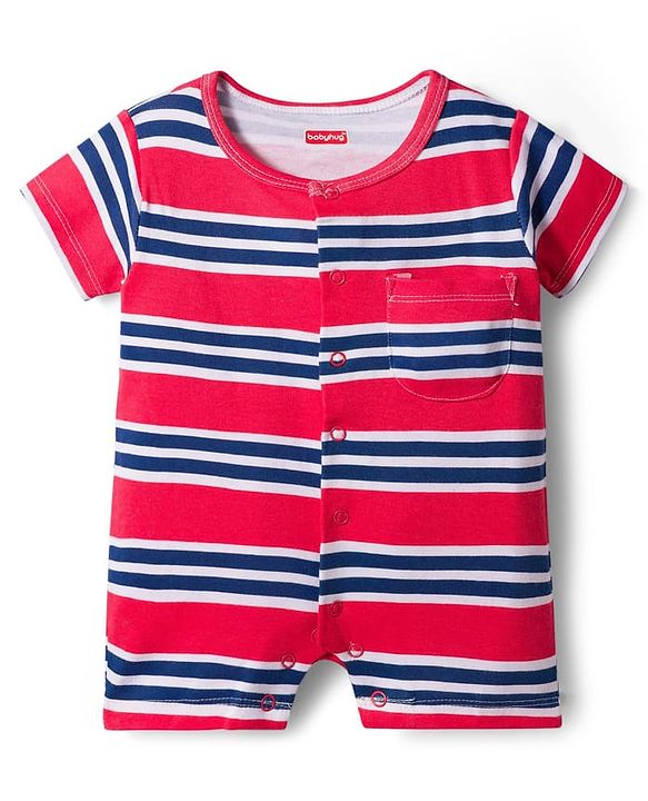 Babyhug 100% Cotton Interlock Knit Romper With Animal Print Pack Of 2 - Red & Blue