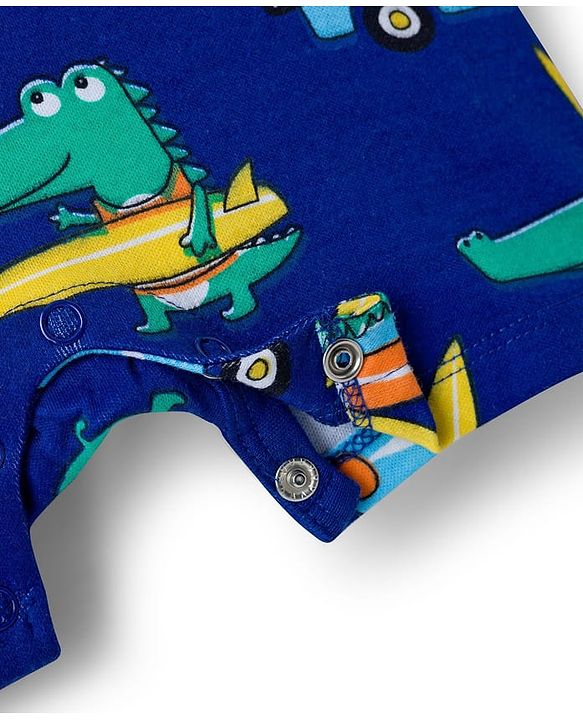 Babyhug 100% Cotton Knit Half Sleeves Rompers with Dino Print Pack of 2 - Navy & Light Blue