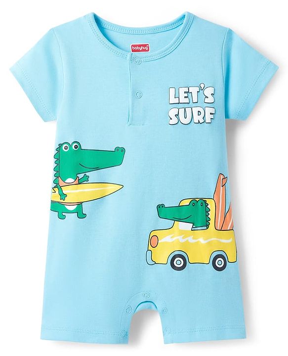 Babyhug 100% Cotton Knit Half Sleeves Rompers with Dino Print Pack of 2 - Navy & Light Blue
