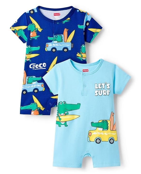 Babyhug 100% Cotton Knit Half Sleeves Rompers with Dino Print Pack of 2 - Navy & Light Blue