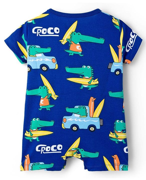 Babyhug 100% Cotton Knit Half Sleeves Rompers with Dino Print Pack of 2 - Navy & Light Blue