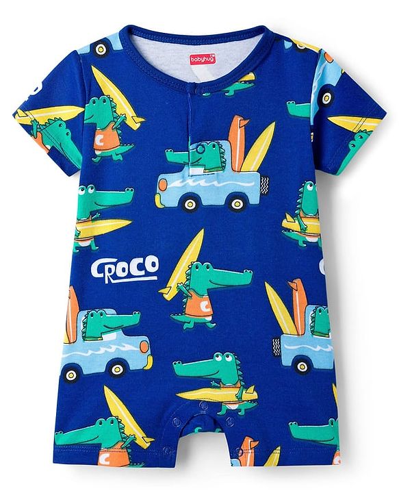 Babyhug 100% Cotton Knit Half Sleeves Rompers with Dino Print Pack of 2 - Navy & Light Blue
