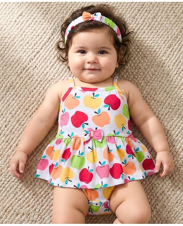 Babyhug 100% Cotton Single Jersey Knit Sleeveless Printed Onesie With Hairband - White