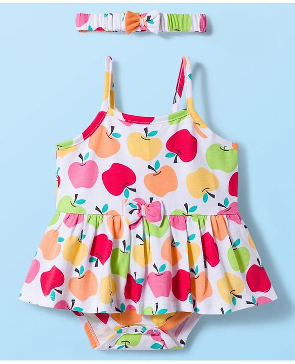 Babyhug 100% Cotton Single Jersey Knit Sleeveless Printed Onesie With Hairband - White