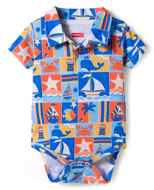 Babyhug 100% Cotton Interlock Knit Onesies With Nautical Theme Print - Blue