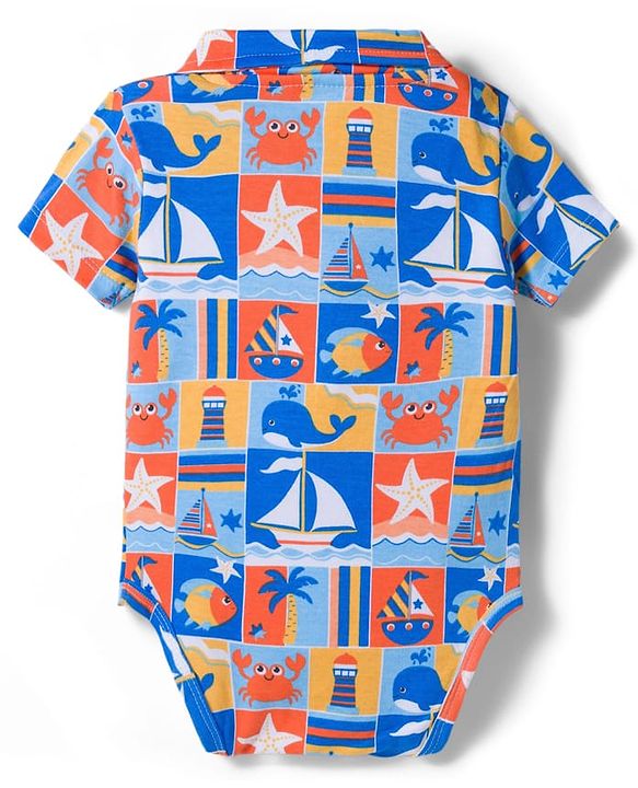 Babyhug 100% Cotton Interlock Knit Onesies With Nautical Theme Print - Blue