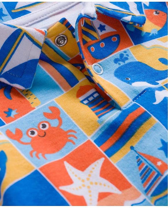 Babyhug 100% Cotton Interlock Knit Onesies With Nautical Theme Print - Blue