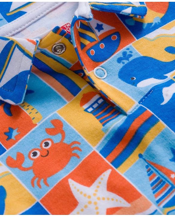 Babyhug 100% Cotton Interlock Knit Onesies With Nautical Theme Print - Blue