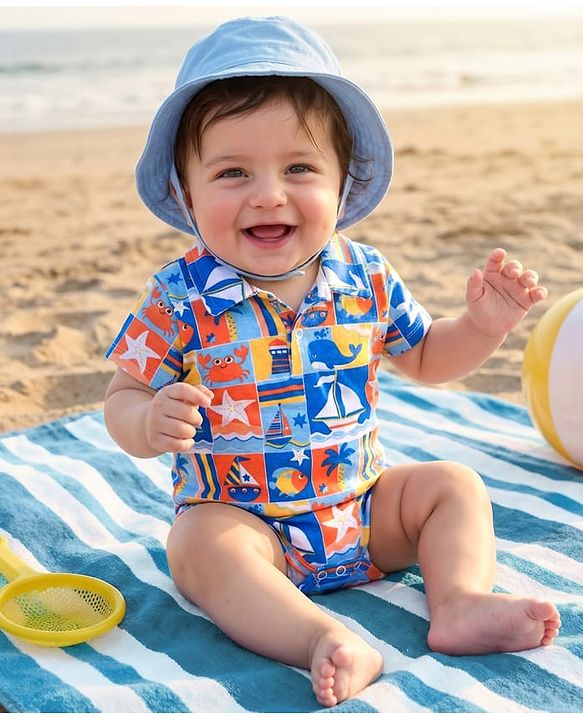 Babyhug 100% Cotton Interlock Knit Onesies With Nautical Theme Print - Blue