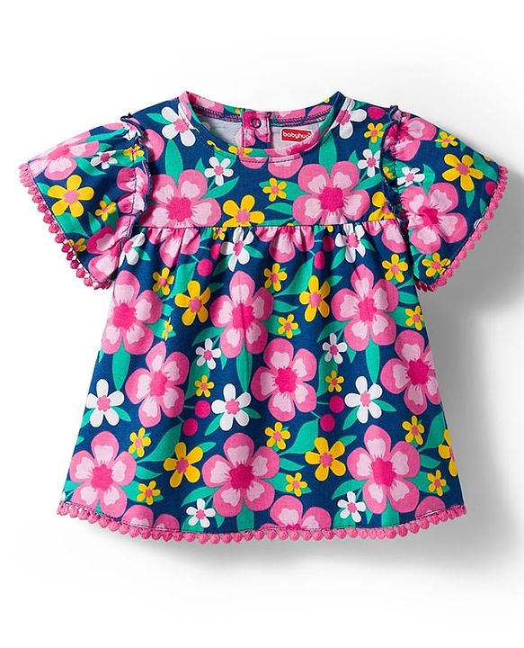 Babyhug Cotton Knit Half Sleeves Top with Floral Print & Lace Detailing - Navy Blue