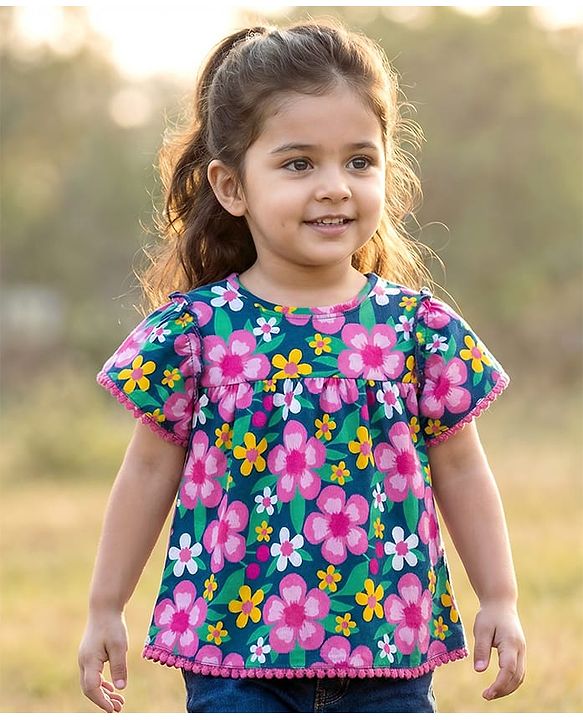 Babyhug Cotton Knit Half Sleeves Top with Floral Print & Lace Detailing - Navy Blue