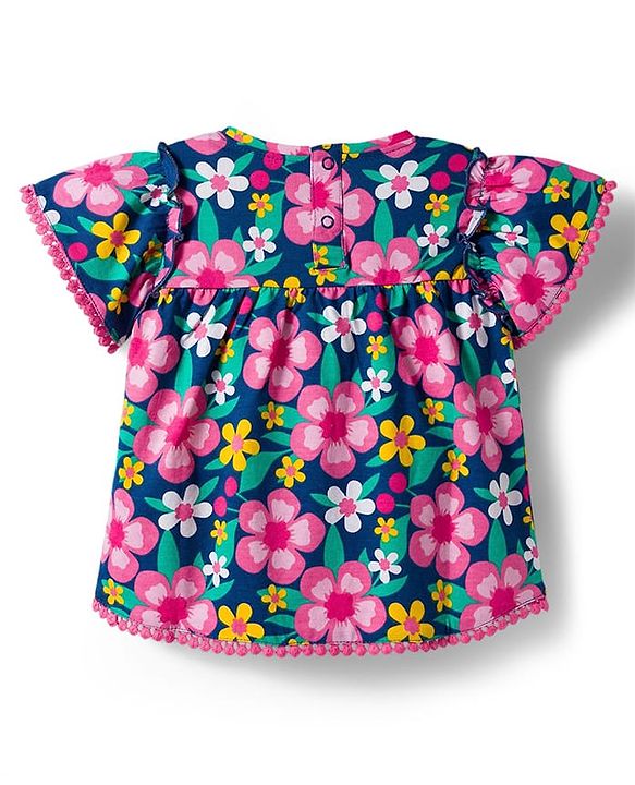 Babyhug Cotton Knit Half Sleeves Top with Floral Print & Lace Detailing - Navy Blue