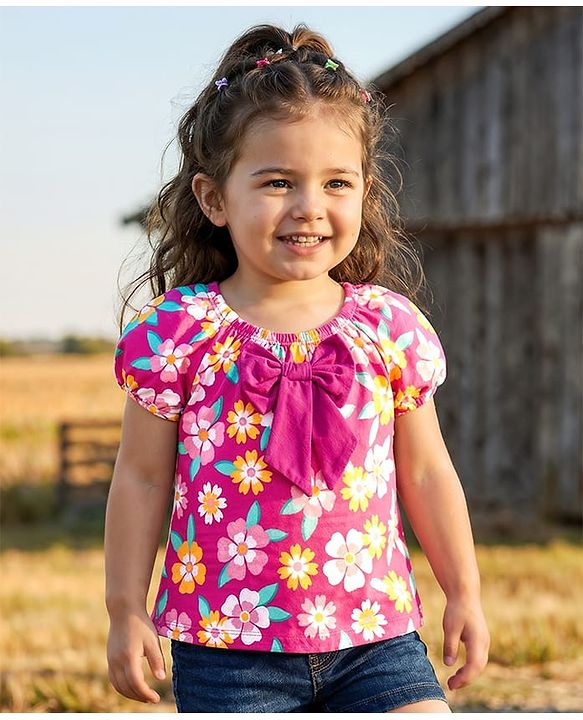 Babyhug Cotton Knit Half Puffed Sleeves Top with Floral Print & Bow Applique - Dark Pink